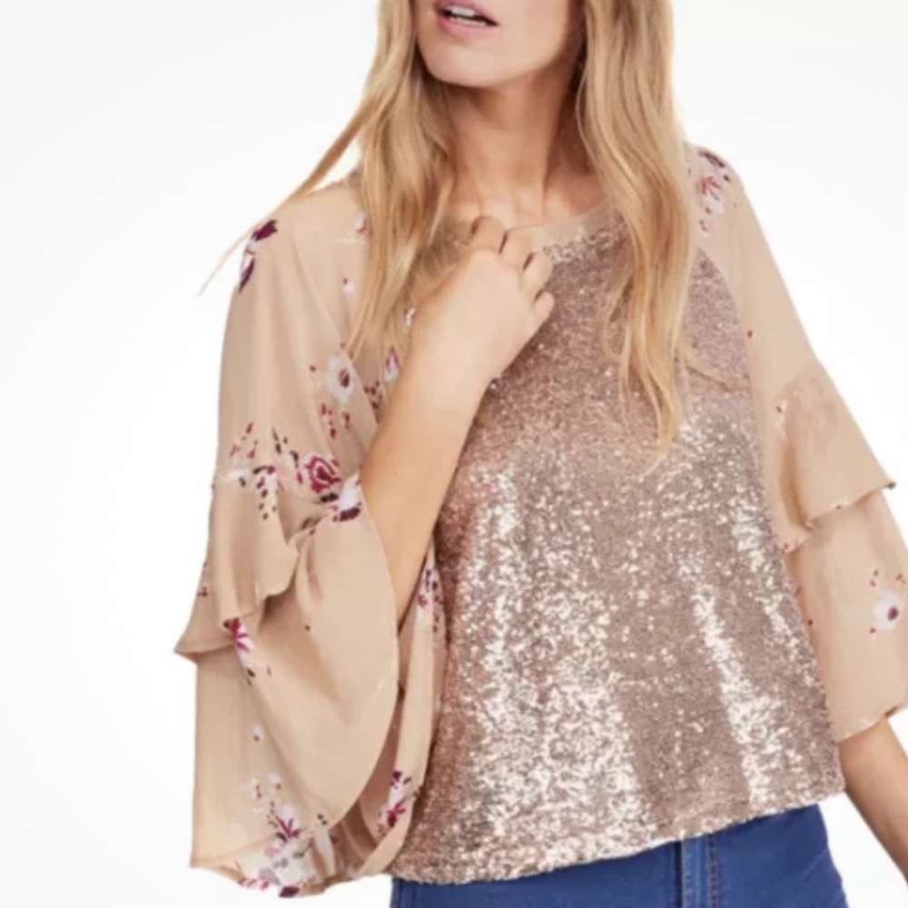 Free People Shimmy & Shake Sequins Embellished Beige Floral Top